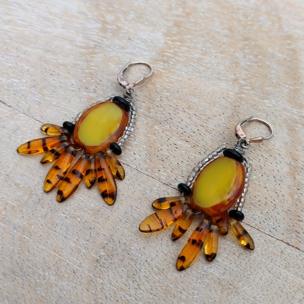 Artsy Amber and Beaded Earrings with leverback hooks (2") - Picture 5 of 9